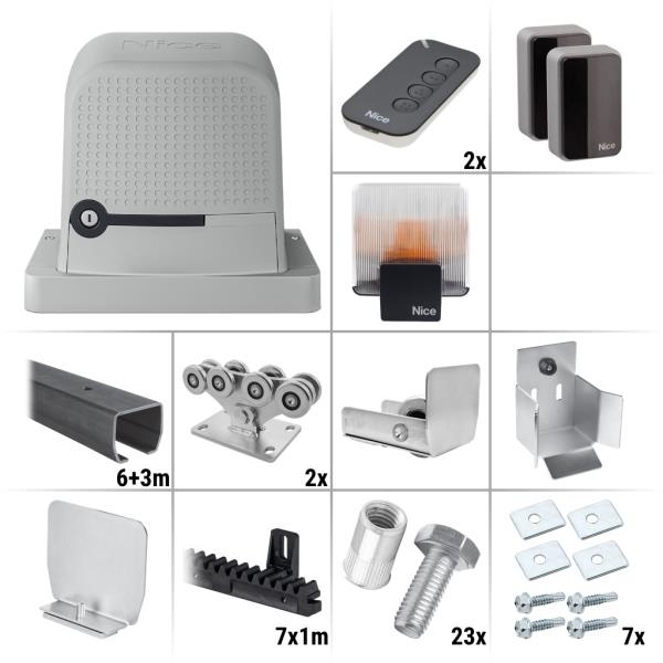 Nice Robus 600 BD KCE 9.1 – sestava pojezdu, pohonu a příslušenství, pro posuvnou bránu do průjezdu 6,4 m a 600 kg, profil bez úpravy