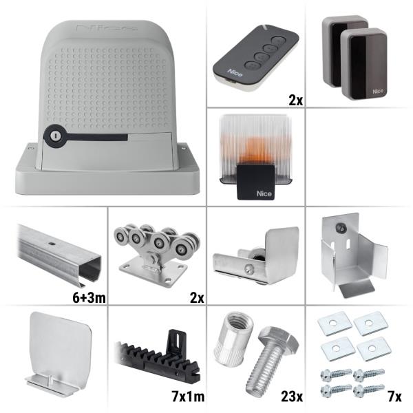 Nice Robus 600 BD KCE 9.1Z – sestava pojezdu, pohonu a příslušenství, pro posuvnou bránu do průjezdu 6,4 m a 600 kg, pozinkovaný profil