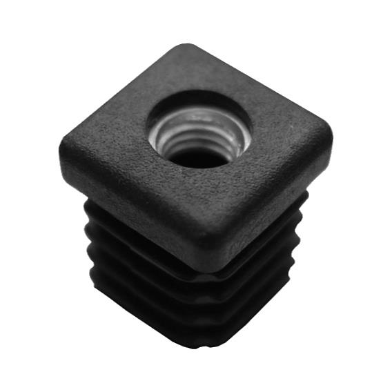 Žebrovaná čtvercová plastová zátka - plochá 30x30 mm černá erodovaná, kovový závit M8, na hranoly, jekly, sloupky a trubky