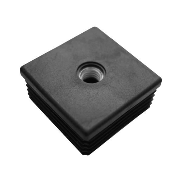 Žebrovaná čtvercová plastová zátka - plochá 35x35 mm černá erodovaná, kovový závit M8, na hranoly, jekly, sloupky a trubky