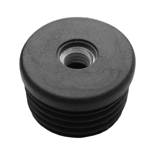 Žebrovaná kulatá plastová zátka - plochá pr.35 mm černá erodovaná, kovový závit M8, na hranoly, jekly, sloupky a trubky